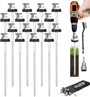 16 Pcs 12" Drillable Threaded Long Hook Top Packs Tent Stakes, Heavy Duty Hardened Steel Ground Pegs for Grassland Garden Tents Canopies Awnings Camping Travel (Hex Tool and Storage Bag)