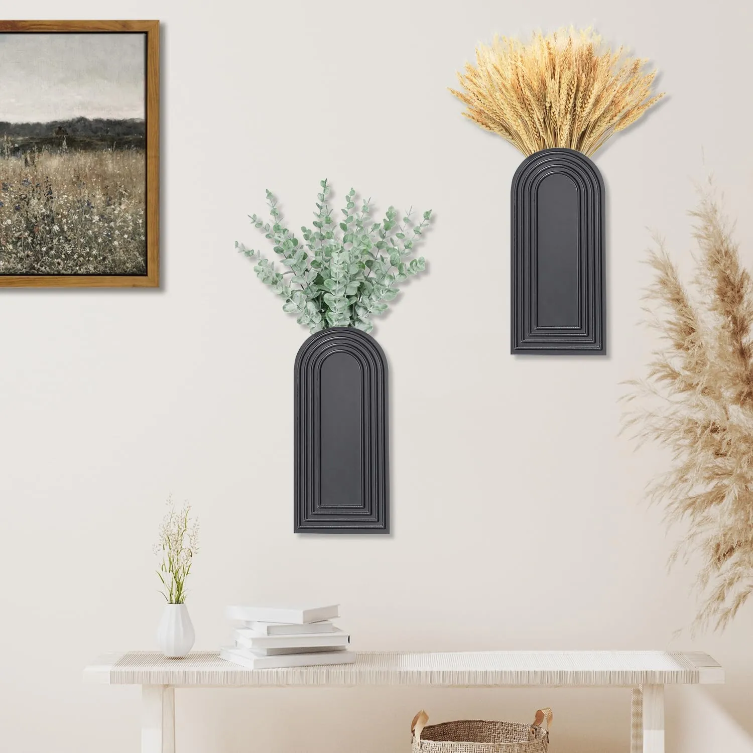 2 Pack Wooden Wall Vase Set - Black Finish Modern Farmhouse & Boho Wall Decor for Entryway, Hallway, Bathroom, Living Room, Dining Room, Narrow Spaces