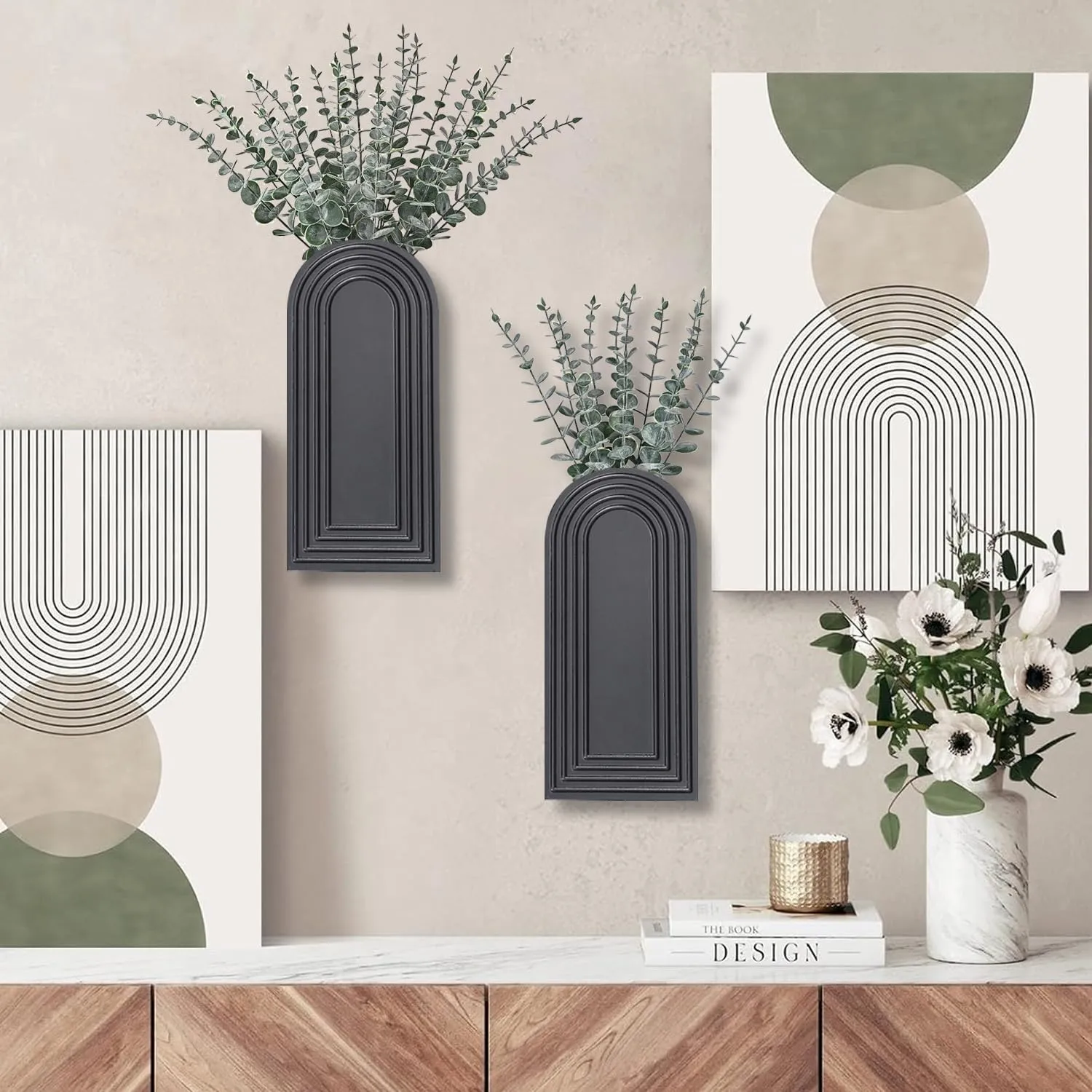 2 Pack Wooden Wall Vase Set - Black Finish Modern Farmhouse & Boho Wall Decor for Entryway, Hallway, Bathroom, Living Room, Dining Room, Narrow Spaces