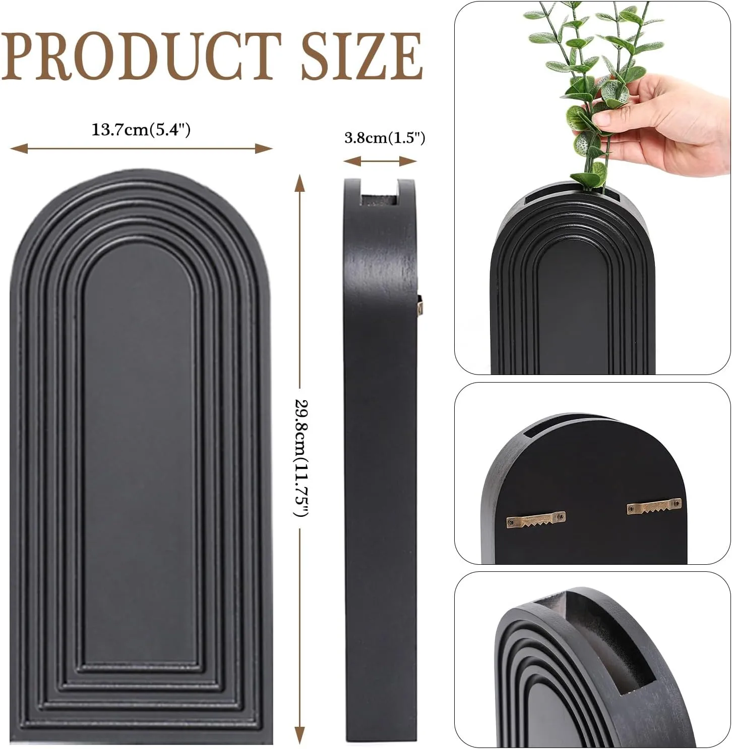 2 Pack Wooden Wall Vase Set - Black Finish Modern Farmhouse & Boho Wall Decor for Entryway, Hallway, Bathroom, Living Room, Dining Room, Narrow Spaces