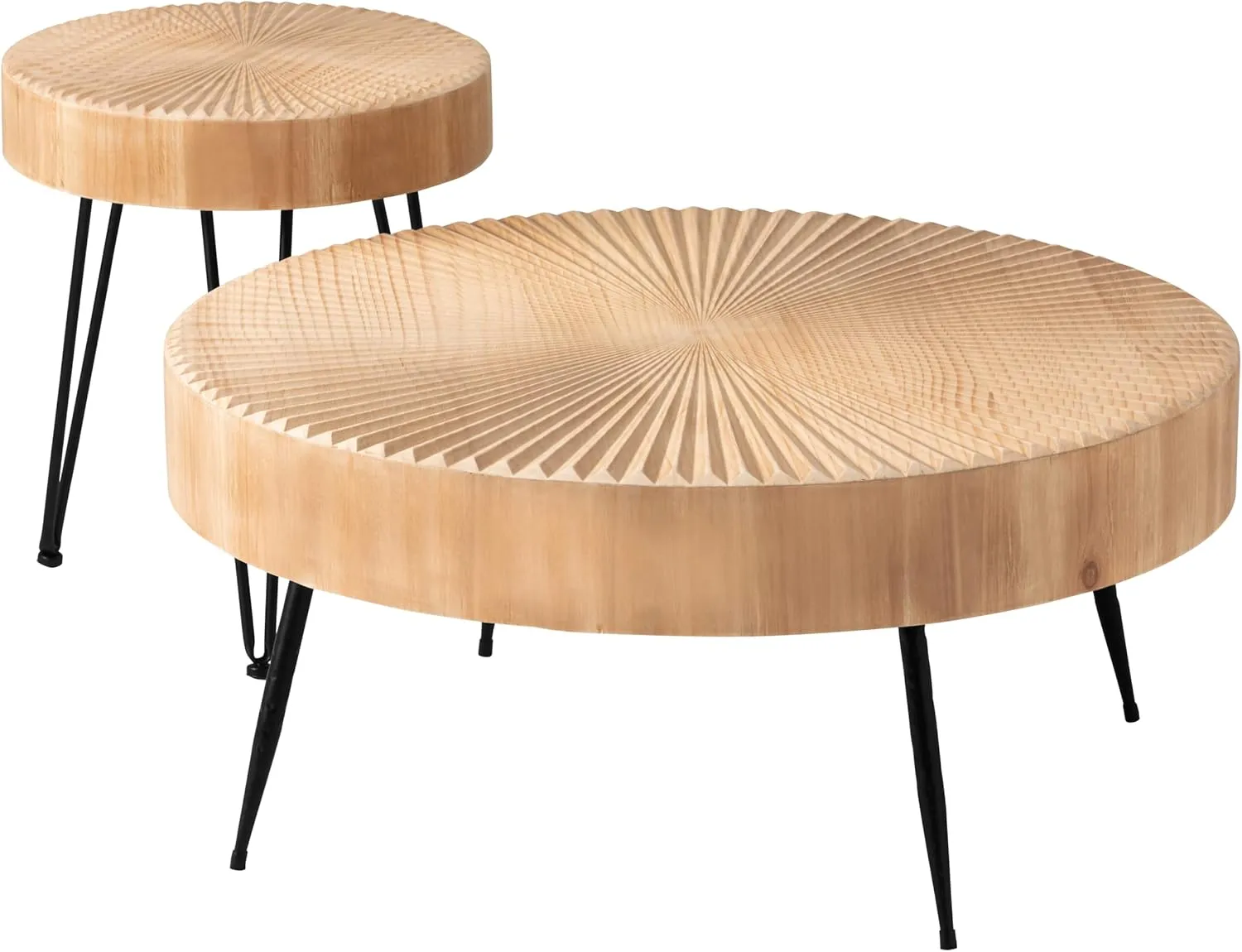 2-Piece Modern Farmhouse Living Room Coffee Table Set, Nesting Table Round Natural Finish with Handcrafted Wood Radial Pattern