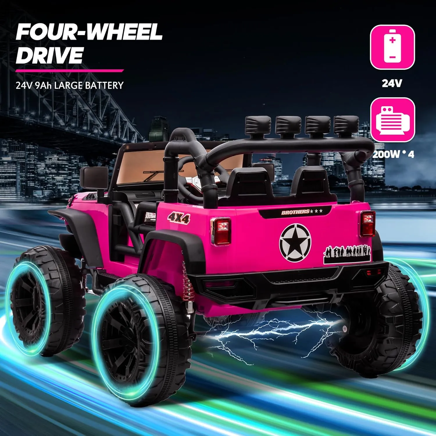 24V 9Ah Ride on Toy for Big Kids, 4WD 2 Seater Ride-on Truck Car Kids Electric Vehicle w/Remote Control, 4x200W Motor, 4Mph Max Speed - Rose Pink