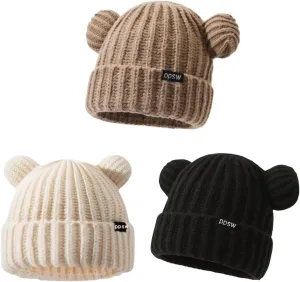 Adult Knit Beanie, Winter Bear Ears Warm Knitted Fleece Lined Woollen Ski Pompom Hat