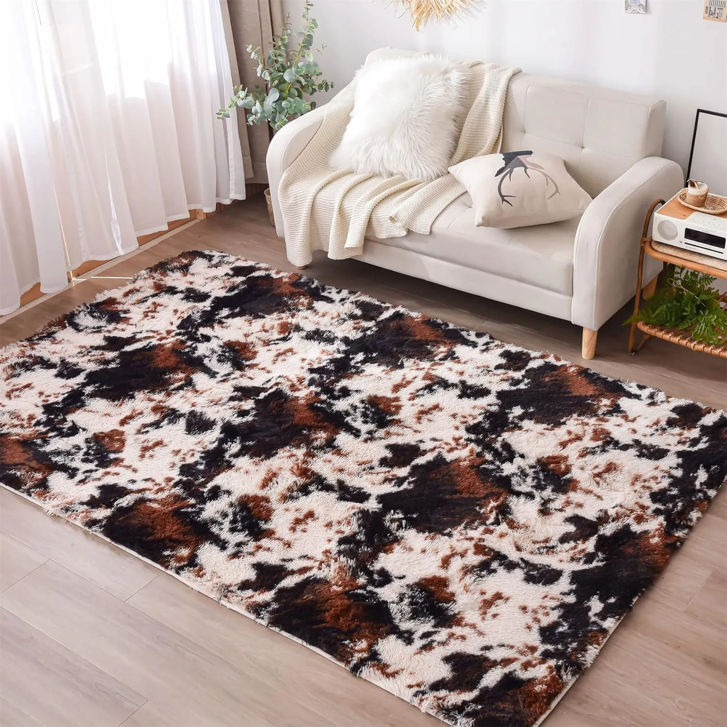Aimuan Cute Cow Print Rug Fun, Animal Hide Carpet Fun Faux Cowhide Area Rug Nice for Nursery Decorating Kids Room (Coffee-Black, 3x5)