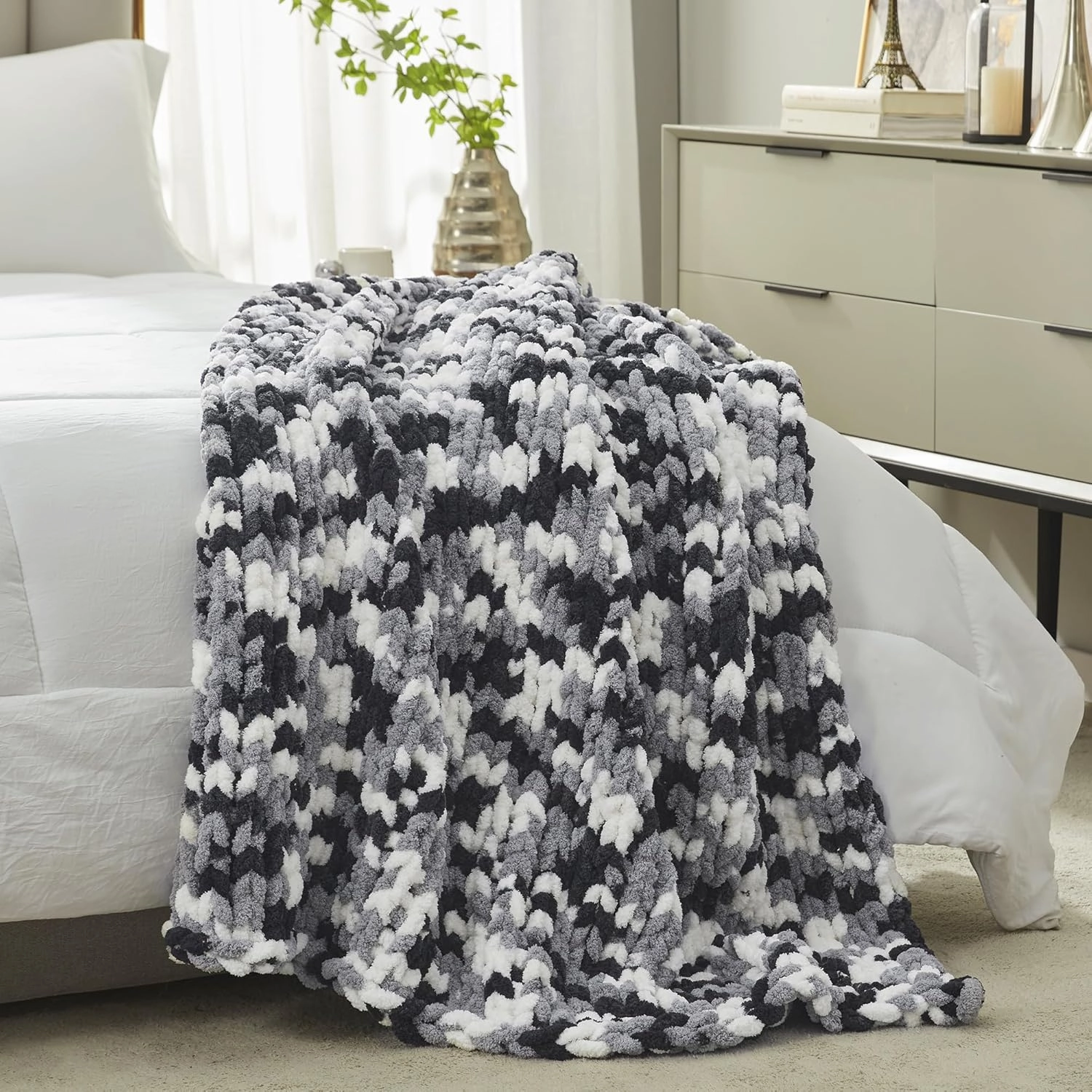 Amélie Home Chunky Knit Throw Blanket for Couch, Soft Chenille Crochet Blanket for Sofa, 50"x60", Space-Dyed Black
