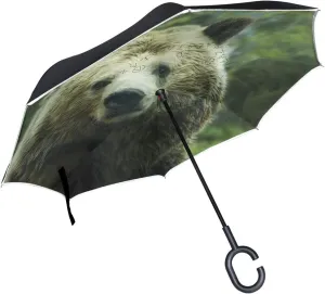 Bear Reverse Inverted Inside Out Umbrella Cars Unigue Windproof UV Proof Double Layer for Women