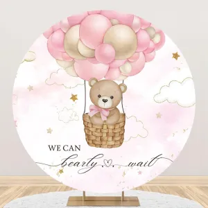 Bearly Wait Round Backdrop Cover Pink Bear Hot Air Balloons Girls Baby Shower Banner Circle Backdrop Studio Props 7.2ft
