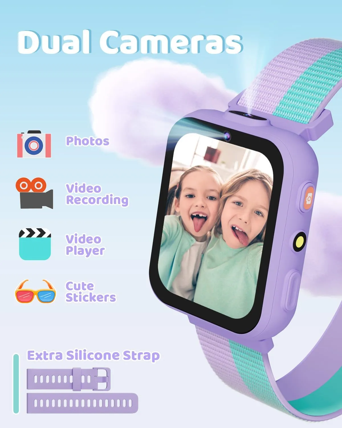 BIGGERFIVE Smart Watch for Kids with Dual Cameras, Two Straps, 30 Puzzle Games, Video & Music Player, Audiobooks, Flashlight, Pedometer, Educational Toys Birthday Gifts for Girls Ages 4-10 Lilac