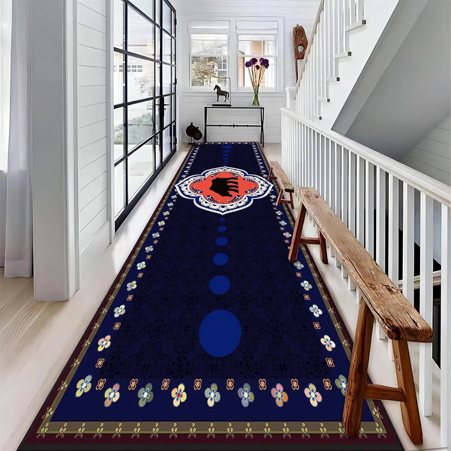 Black Bear Runner Rug, 2x7ft Vintage Country Cabin Navy Blue Wildlife Hallway Long Rug, Non-Slip Durable for Kitchen Bathroom Entrance