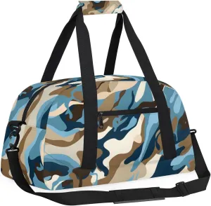 Blue Camouflage Kids Overnighter Duffel Bags for Boys, Carry-On Size Sports Gym Bag with Front Zipper Pocket for School Practice or Overnight Travel Weekender Sleepover Tote Bag