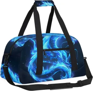Blue Dinosaur Kids Overnighter Duffel Bags for Boys, Carry-On Size Sports Gym Bag with Front Zipper Pocket for School Practice or Overnight Travel Weekender Sleepover Tote Bag