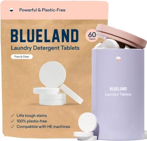 BLUELAND Laundry Detergent Tablets, Starter Set, 60 Count with Tin, Plastic-Free Eco-Friendly Pods, Sheets, Liquid Alternative - Fragrance Free and Clear, Natural, Gentle