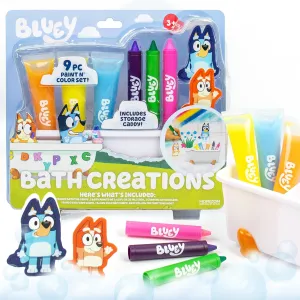 Bluey Bath Creations, 9-Piece Bluey Activity Set, Fun Bluey Bath Toys, Includes Washable Bath Paints, Bath Crayons, Bath Toy Storage, Bath Paint for Toddlers 1-3, Fun Bluey Gifts, Toddler Art Supplies