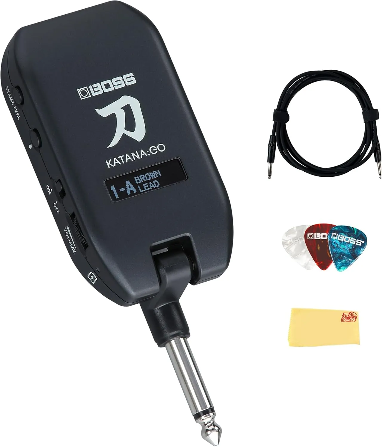 Boss Katana:GO Personal Headphone Guitar Amplifier Bundle with Instrument Cable, Picks, and Austin Bazaar Polishing Cloth