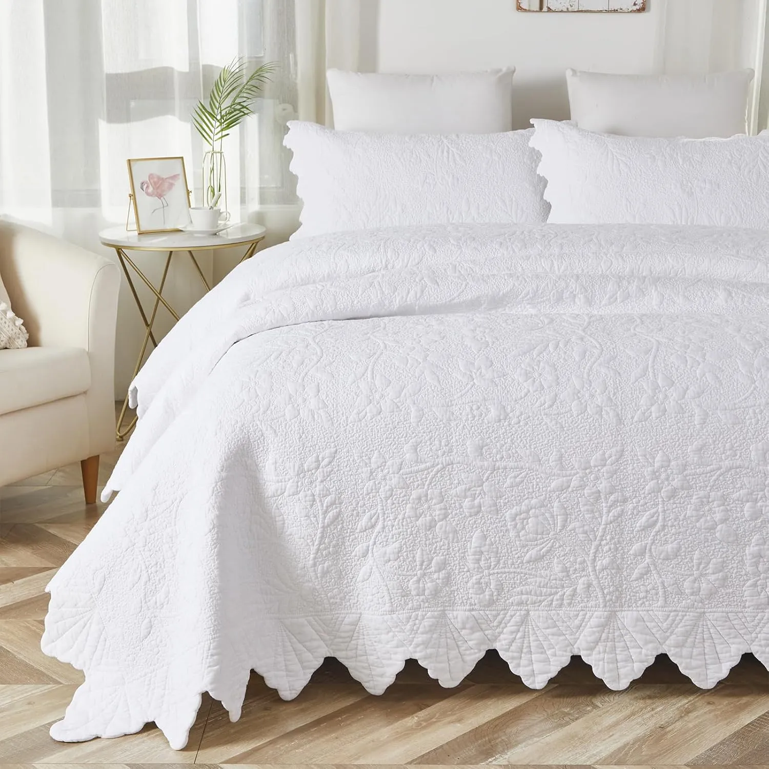 Brandream White Quilt Set King Size Quilt Bedding Set Cotton Luxury Matelasse Coverlet Set Farmhouse Bedding Set Scalloped Queen Bedspreads 3-Piece