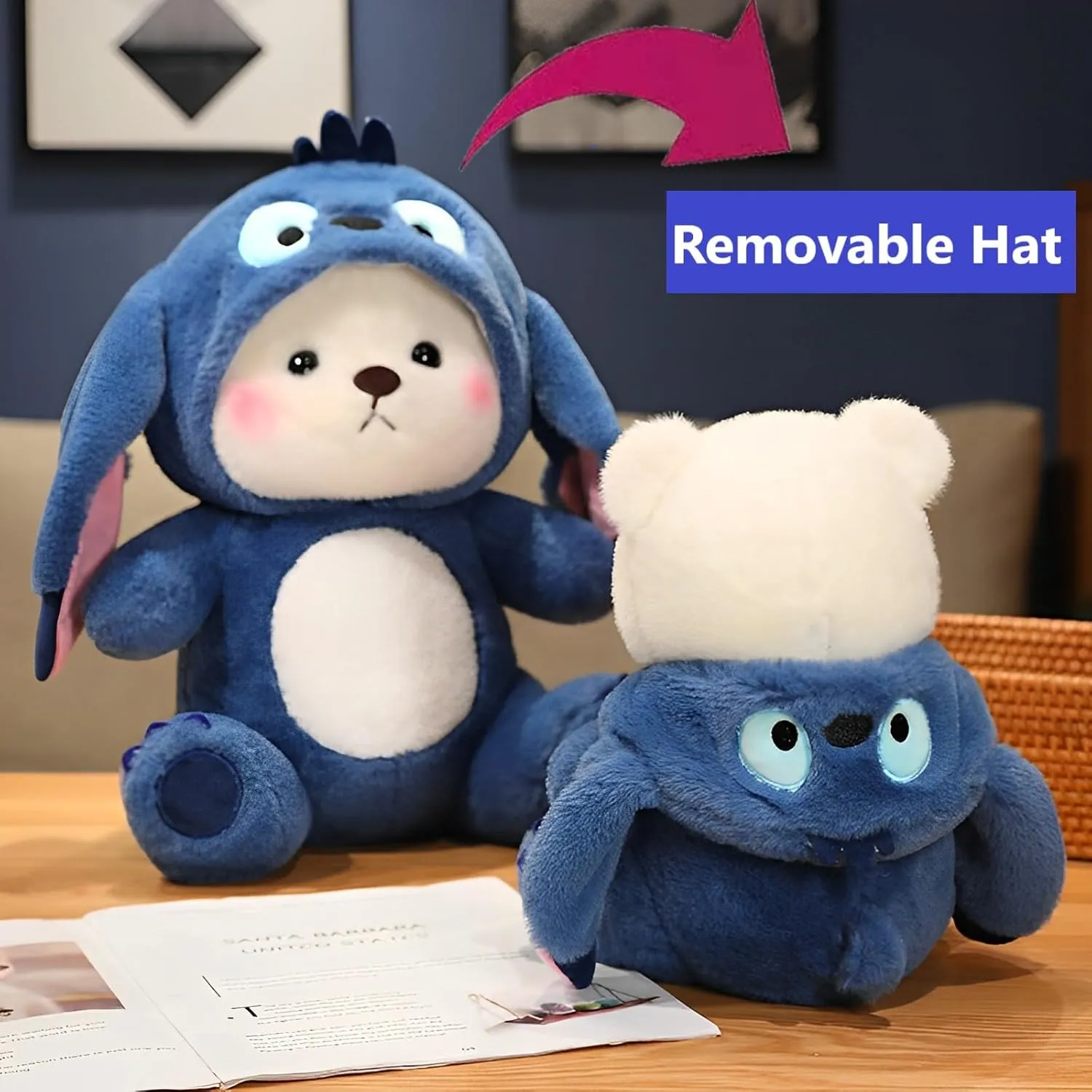 Cartoon Plush Cross-Dressing Teddy Bear Plush Toy, Cute Teddy Bear with Removable Stitchhat (Blue StitchBear, 11 inch / 0.5 lb)
