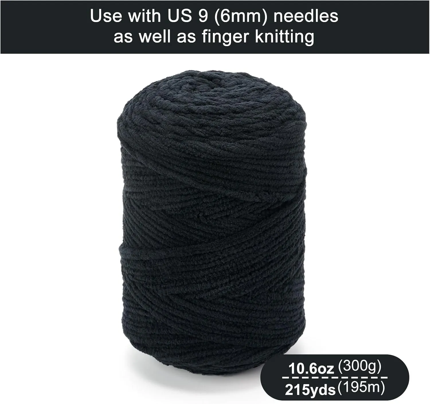 Chunky Chenille Yarn for Knitting/Crochet Baby Blanket Fancy Yarn for Amigurumi #6 Super Bulky Extra Thick Soft Fluffy Big Yarn Hat Scarf Christmas Decor Beginner Friendly,0.66lb,Black