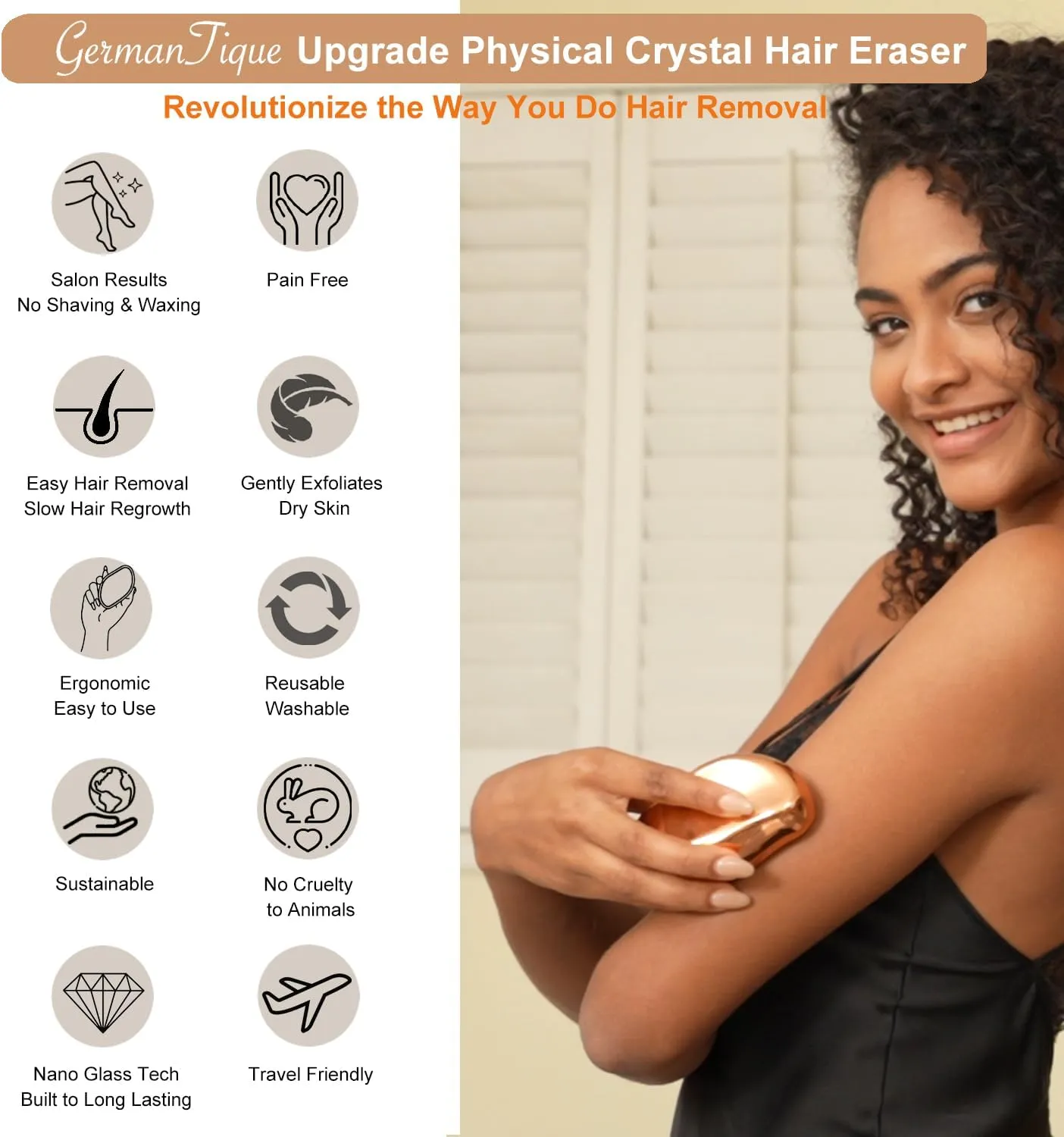 Crystal Hair Eraser,Natural Crystal Hair Remover,Reusable Painless Nano Glass Hair Removal Device without Shaver,Gentle Crystal Epilator and Exfoliator for Soft Silky Skin(Gold)