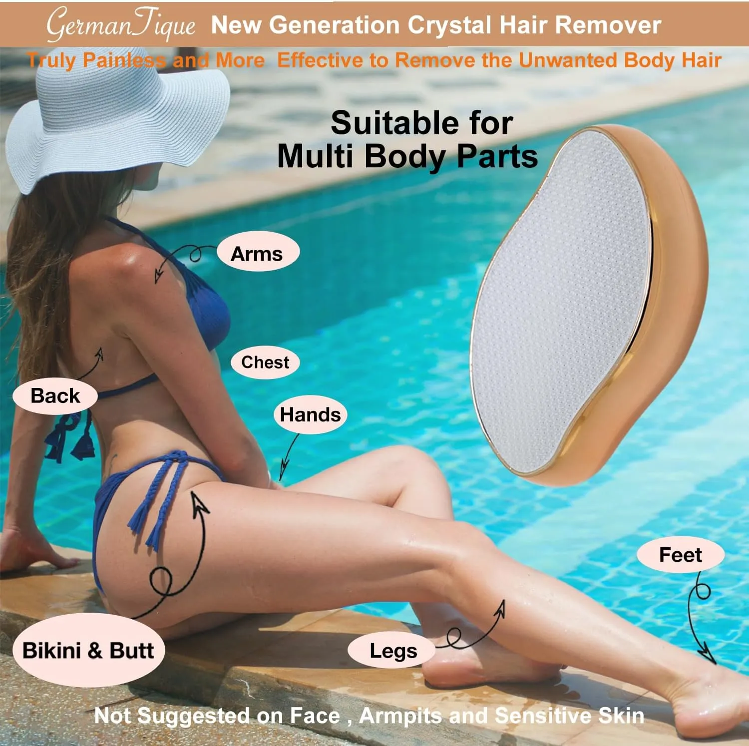 Crystal Hair Eraser,Natural Crystal Hair Remover,Reusable Painless Nano Glass Hair Removal Device without Shaver,Gentle Crystal Epilator and Exfoliator for Soft Silky Skin(Gold)