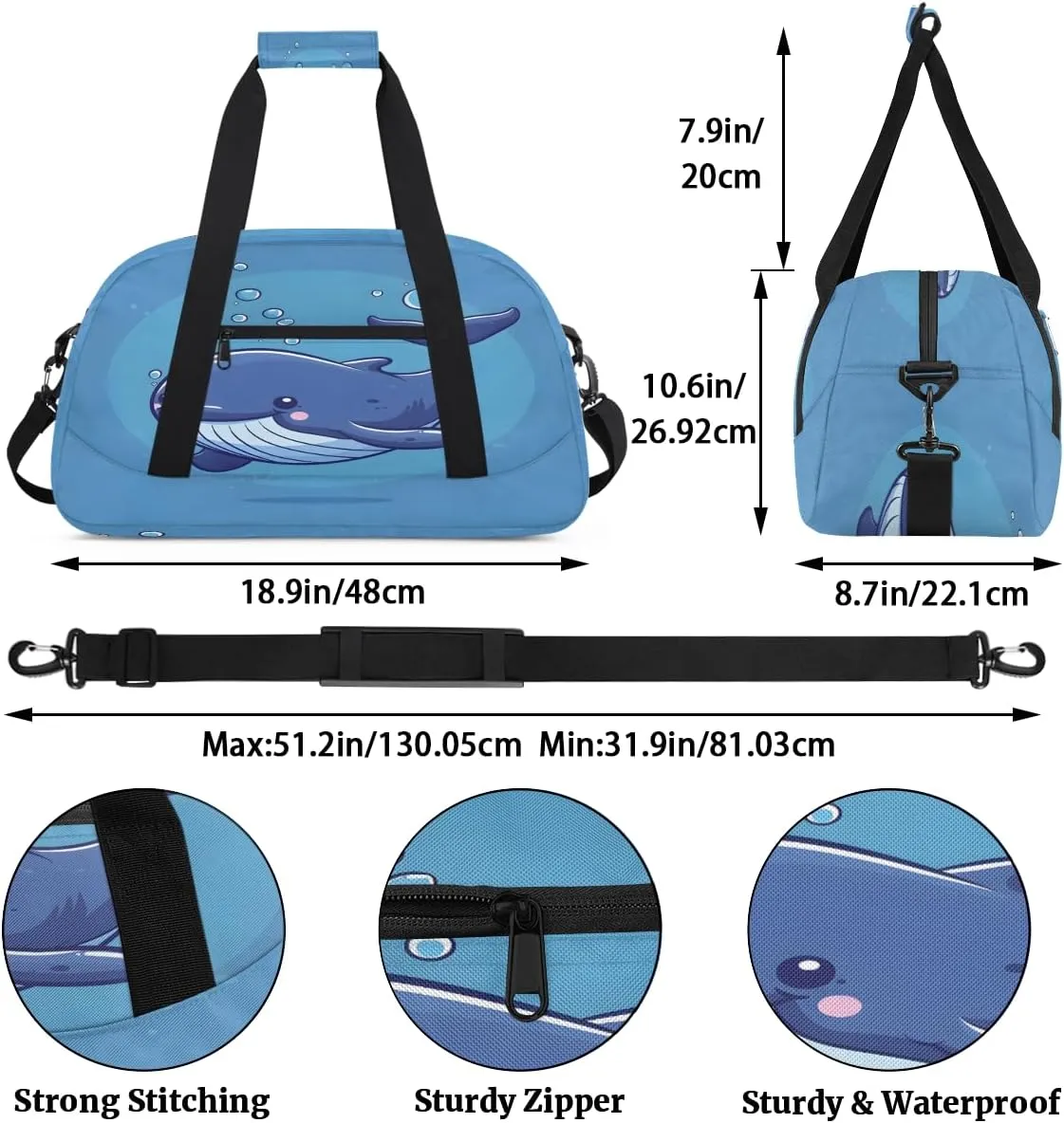 Cute Baby Whale Kids Overnighter Duffel Bags for Boys, Carry-On Size Sports Gym Bag with Front Zipper Pocket for School Practice or Overnight Travel Weekender Sleepover Tote Bag