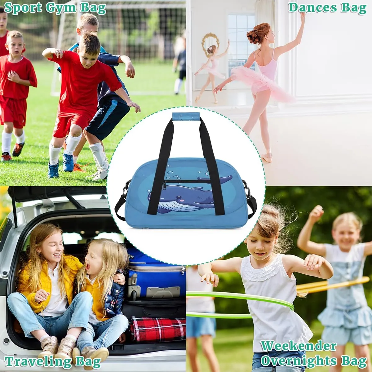 Cute Baby Whale Kids Overnighter Duffel Bags for Boys, Carry-On Size Sports Gym Bag with Front Zipper Pocket for School Practice or Overnight Travel Weekender Sleepover Tote Bag