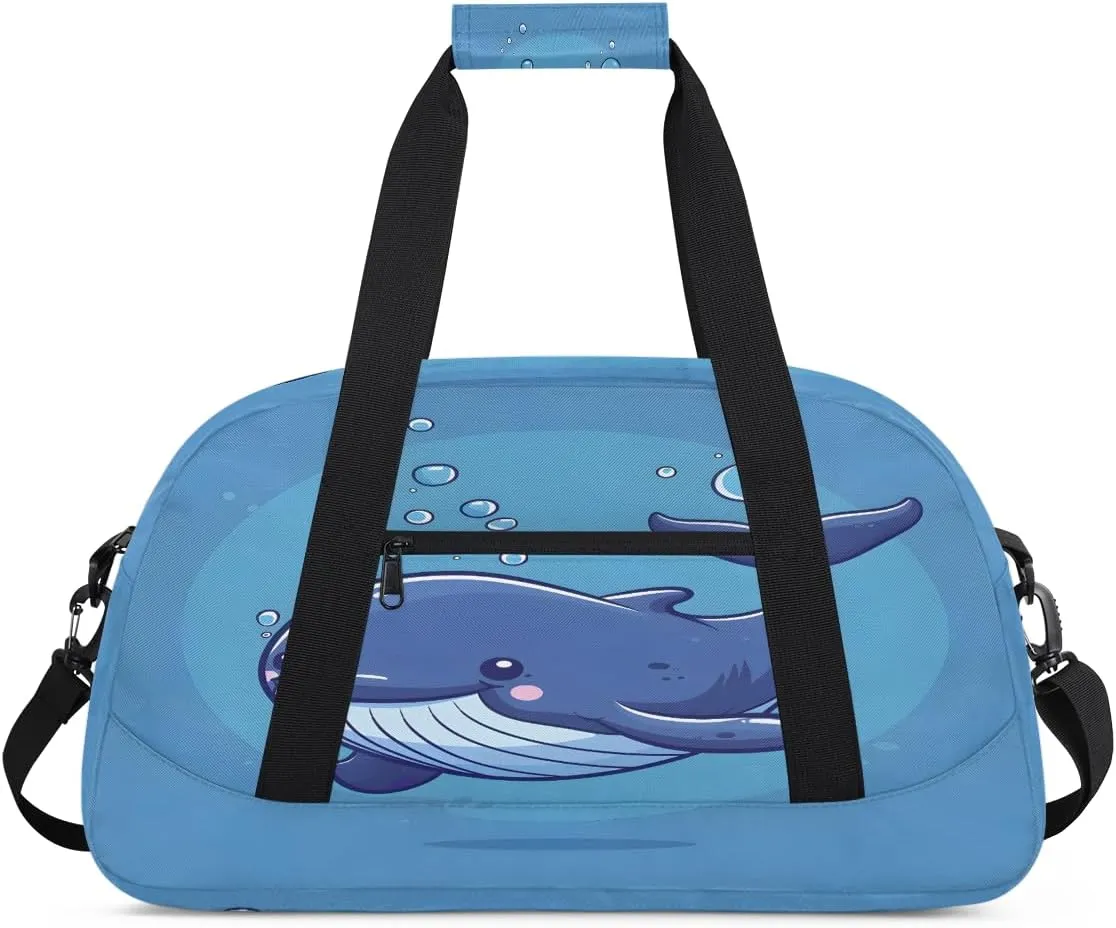 Cute Baby Whale Kids Overnighter Duffel Bags for Boys, Carry-On Size Sports Gym Bag with Front Zipper Pocket for School Practice or Overnight Travel Weekender Sleepover Tote Bag