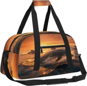 Dolphin Sunset Kids Overnighter Duffel Bags for Boys, Carry-On Size Sports Gym Bag with Front Zipper Pocket for School Practice or Overnight Travel Weekender Sleepover Tote Bag