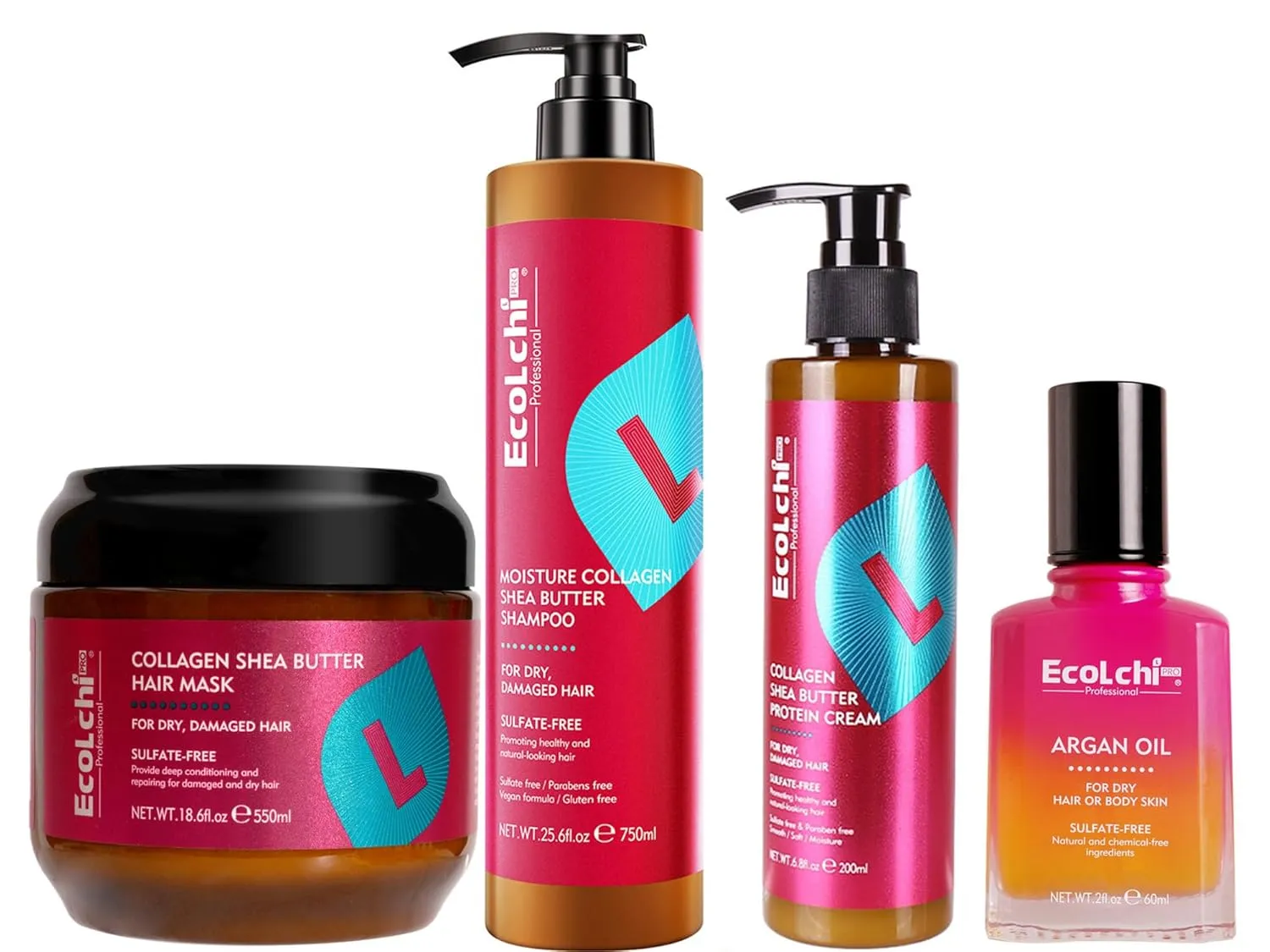 Ecolchi Hair Mask Shampoo Leaving-in Conditioner Argan Oil Set Collagen Hair Treatment Deep Repair Conditioning for Dry Damaged Hair All Hair Types 550 750 200 60ml