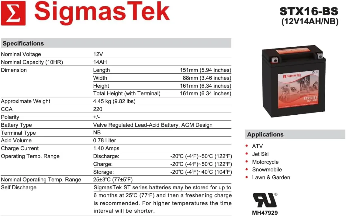 Extreme Battery XTAX16-BS Motorcycle Battery (Replacement)