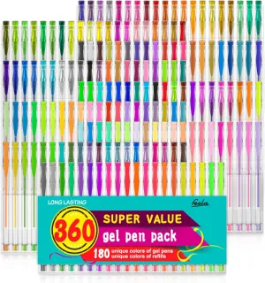 feela 360 Colors Gel Pens Set 180 Unique Gel Pen Plus 180 Refills for Adult Coloring Books Drawing
