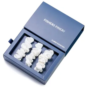 Fishers Finery 25 Momme Pure Mulberry Silk Large Scrunchies - Hair Tie Set for Curly Hair, No Creasing (Natural White- 3 PK)