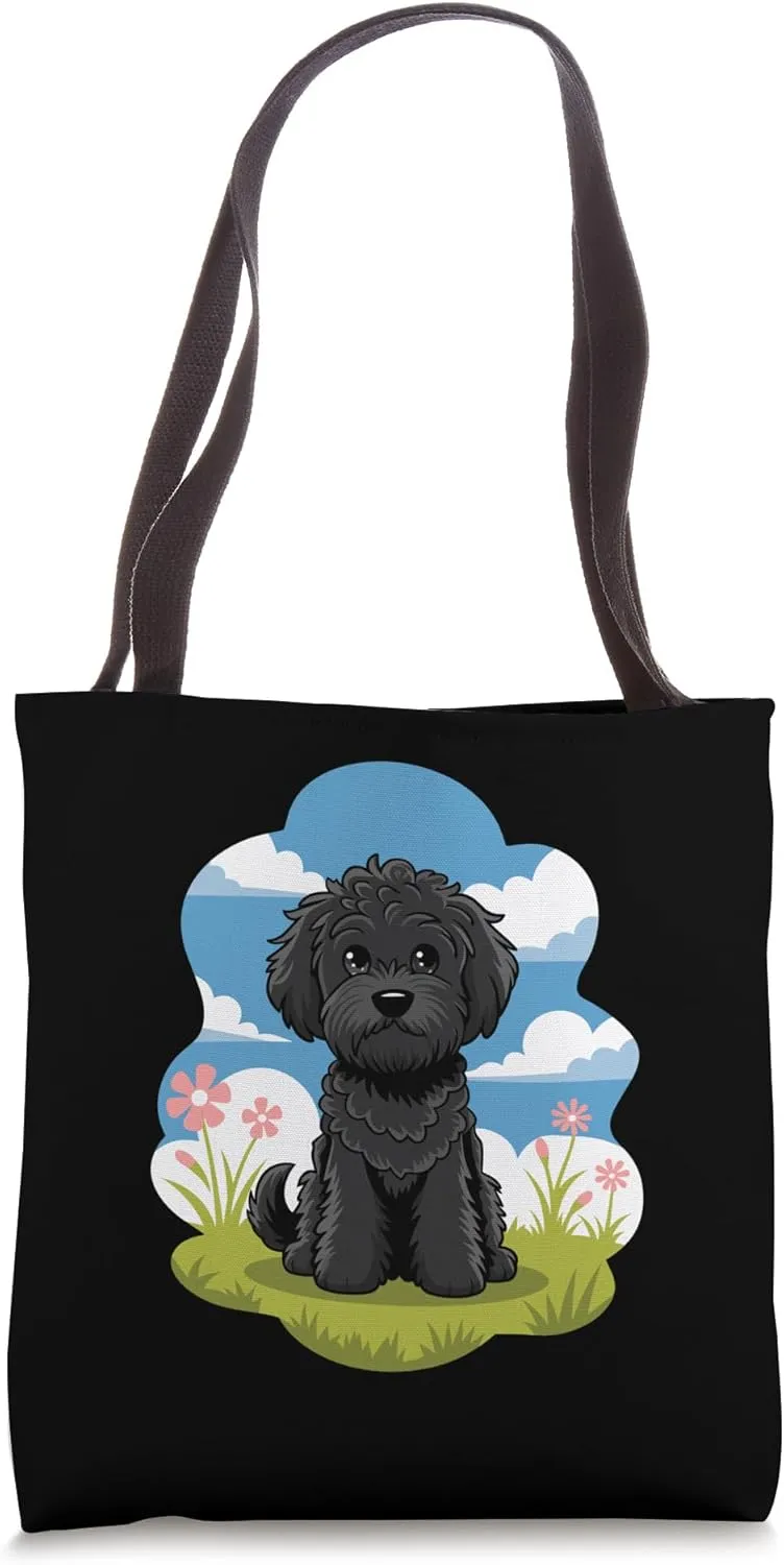 Fluffy Black Dog Tongue Out Drawing Tote Bag