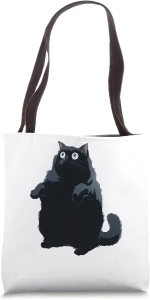 Funny Fluffy Chubby Black Playful Cat in a Standing Pose Tote Bag