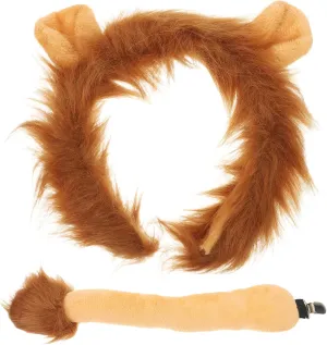 Funny Lion Costume Set - Zoo Animal Headband with Ears and Tail for Halloween, Carnival, Cosplay Party
