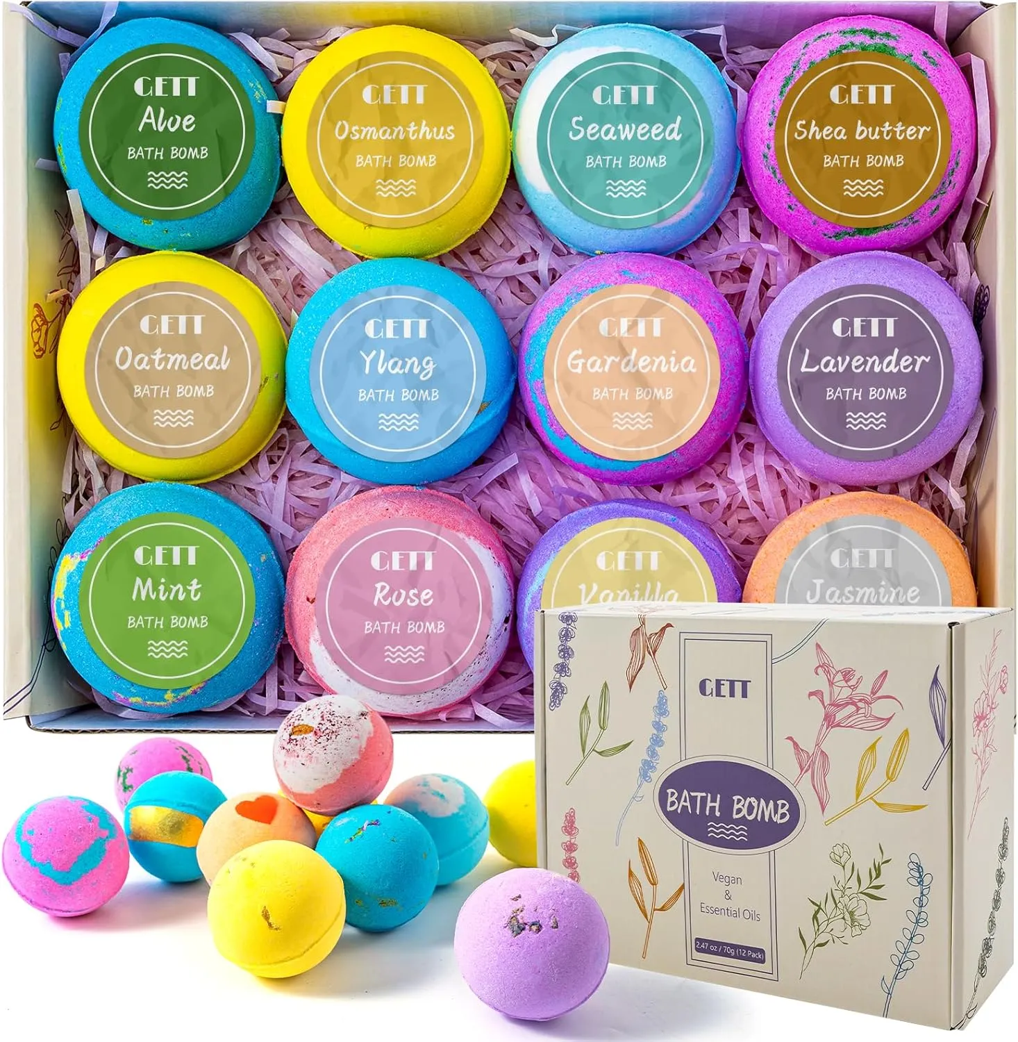 GETT Bath Bombs Gift Set,12pcs Individually Wrapped Natural & Moisturizing Bath Bombs for Women,Men & Kids, Relaxing Bubble Bath, Handmade Birthday Gift for Wife & Mom, Luxury Organic Bath Essentials