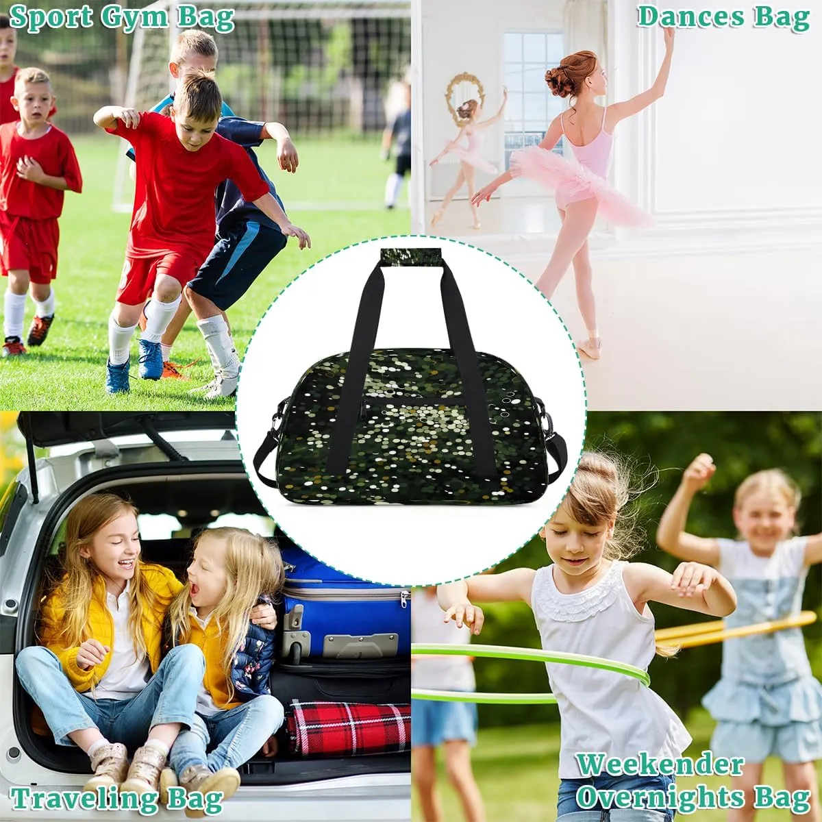 Glitter Sequin Kids Overnighter Duffel Bags for Boys, Carry-On Size Sports Gym Bag with Front Zipper Pocket for School Practice or Overnight Travel Weekender Sleepover Tote Bag