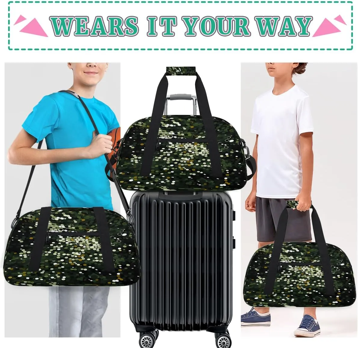 Glitter Sequin Kids Overnighter Duffel Bags for Boys, Carry-On Size Sports Gym Bag with Front Zipper Pocket for School Practice or Overnight Travel Weekender Sleepover Tote Bag