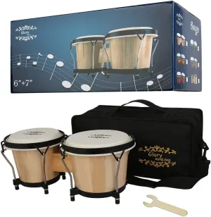 Glory Bongo Drums 6” and 7” Wood Percussion Instrument Bongos with bag and tuning Key,Natural
