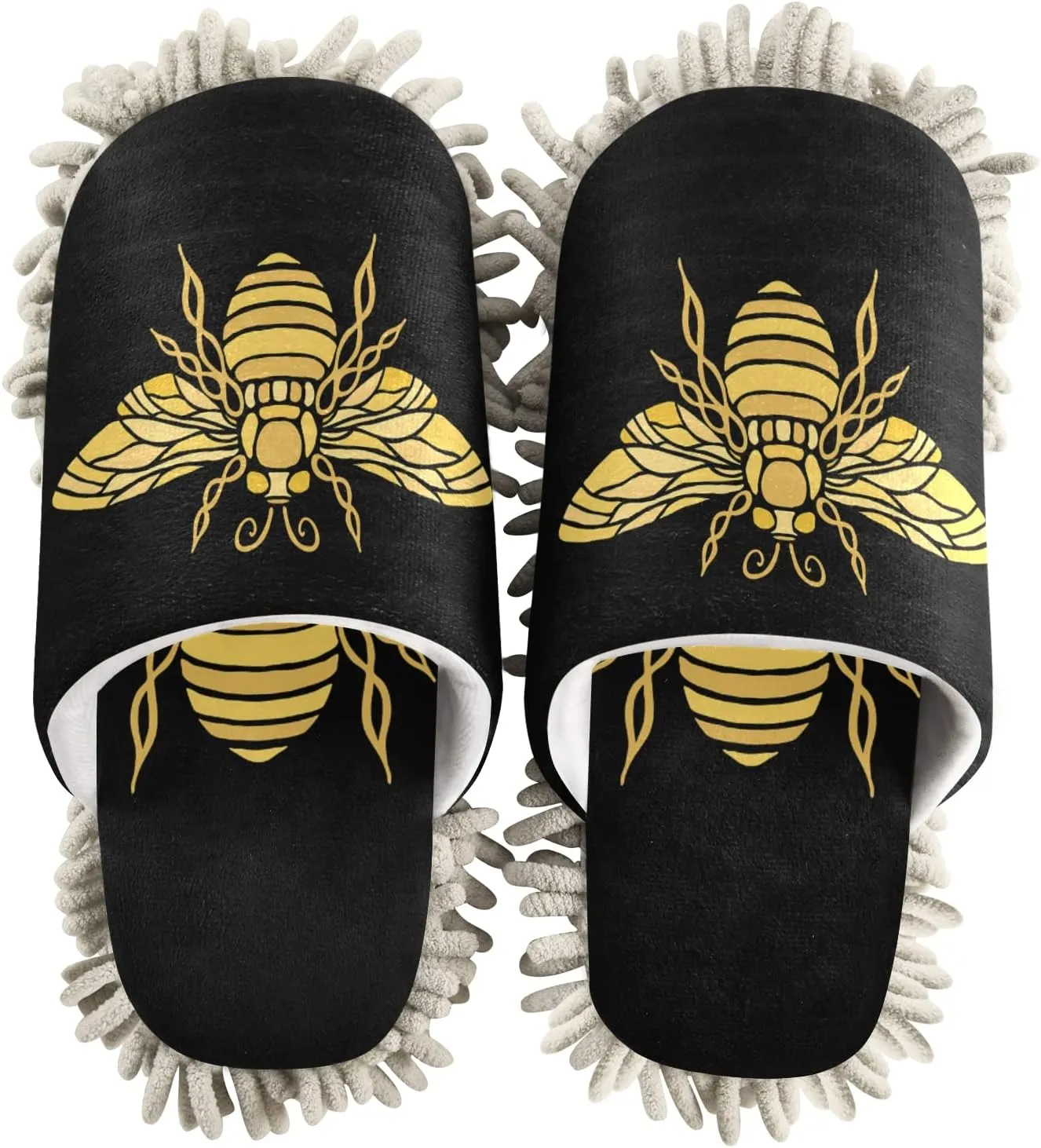 Golden Honey Bee Bumblebees Seamless on Black Mop Slippers Shoes, Chenille Microfiber Cleaning House Slippers Sweeper Slippers Home Spa Dust Dirt Shoes for Men Women M