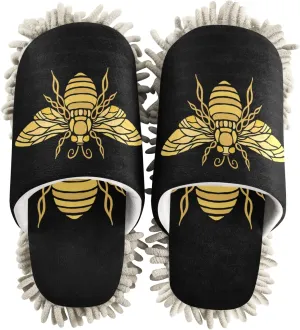 Golden Honey Bee Bumblebees Seamless on Black Mop Slippers Shoes, Chenille Microfiber Cleaning House Slippers Sweeper Slippers Home Spa Dust Dirt Shoes for Men Women M