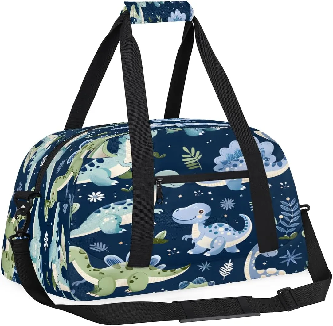 Green Dinosaur Kids Overnighter Duffel Bags for Boys, Carry-On Size Sports Gym Bag with Front Zipper Pocket for School Practice or Overnight Travel Weekender Sleepover Tote Bag
