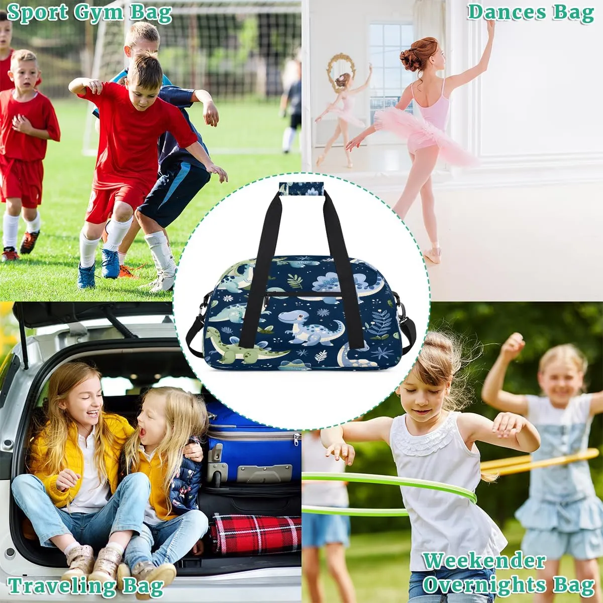 Green Dinosaur Kids Overnighter Duffel Bags for Boys, Carry-On Size Sports Gym Bag with Front Zipper Pocket for School Practice or Overnight Travel Weekender Sleepover Tote Bag