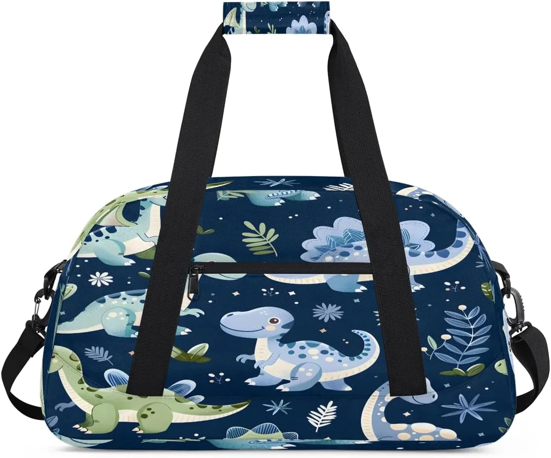 Green Dinosaur Kids Overnighter Duffel Bags for Boys, Carry-On Size Sports Gym Bag with Front Zipper Pocket for School Practice or Overnight Travel Weekender Sleepover Tote Bag