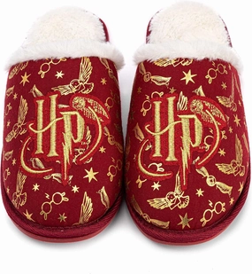 Harry Potter Girls Slippers | Kids Slip-On Fluffy Red House Shoes | Gold Embroidered Logo Hogwarts Footwear Merchandise Gift