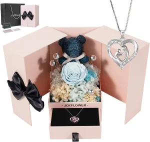 JoyFlower Preserved Flowers with Necklace Gifts for Mom, Unique Pearl Rose Eternal Flower Bear with Necklace Gift for Grandma, Preserved Real Blue Roses Birthday for Mother Grandma