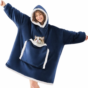 JOYWOO Navy Wearable Blanket Hoodie,Oversized Cat Lovers Sweatshirt Blanket for Adult, Birthday Gifts for Women,Mom,Men,Cozy Fuzzy Sherpa Hooded Blanket with Giant Pocket and Winter Gifts,Standard
