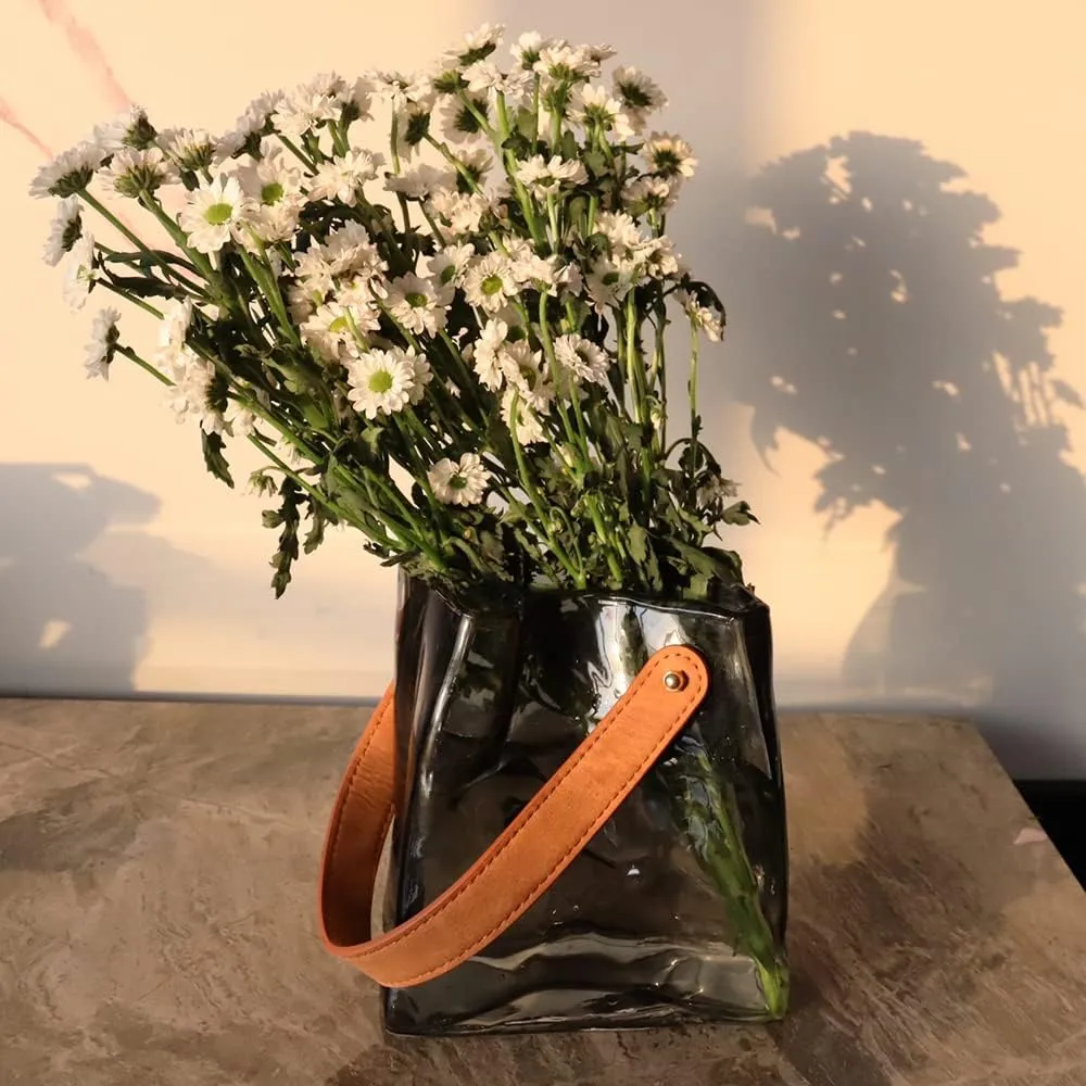 Kaitnax Handbag Shape Glass Flower Vase Thickened Glass Clear Vase for Home Décor Bookshelf Tabletop Indoor Office Desk Bathroom