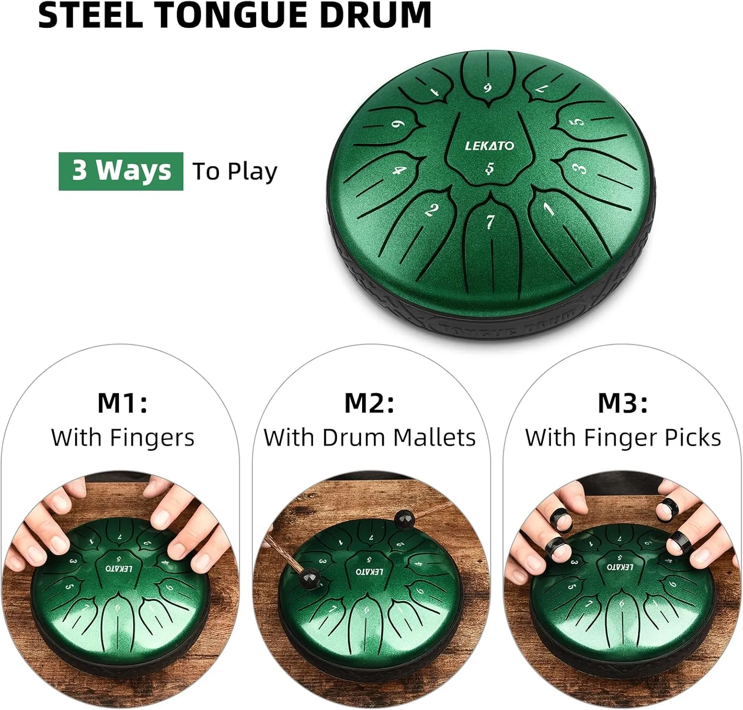 LEKATO Steel Tongue Drum With Bag, 6 Inch 11 Notes Steel Drum Beginner Hanpan Drum Percussion for Meditation Yoga Musical Education, Green