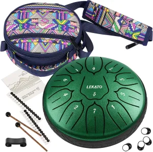 LEKATO Steel Tongue Drum With Bag, 6 Inch 11 Notes Steel Drum Beginner Hanpan Drum Percussion for Meditation Yoga Musical Education, Green