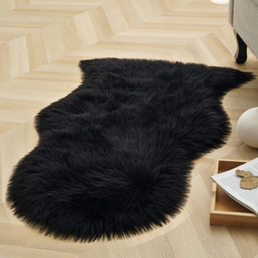 LOCHAS Deluxe Super Soft Fluffy Shaggy Home Decor Faux Sheepskin Rug for Bedroom Floor Sofa Chair, Chair Cover Seat Pad Couch Pad Area Carpet, 2ft x 3ft, Black